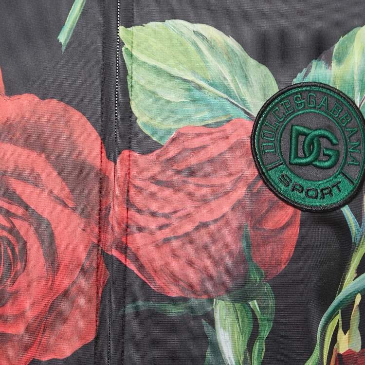 Pre Owned Dolce & Gabbana Black Rose Printed Jersey Zip Front Jacket L