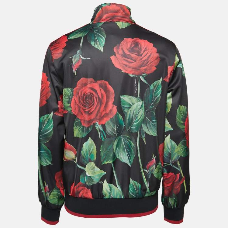 Pre Owned Dolce & Gabbana Black Rose Printed Jersey Zip Front Jacket L