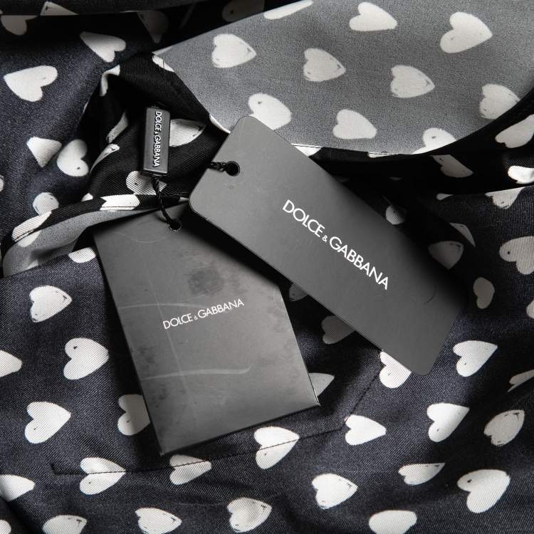 Pre Owned Dolce & Gabbana Black/White Heart Print Silk Pajama Shirt 4XL