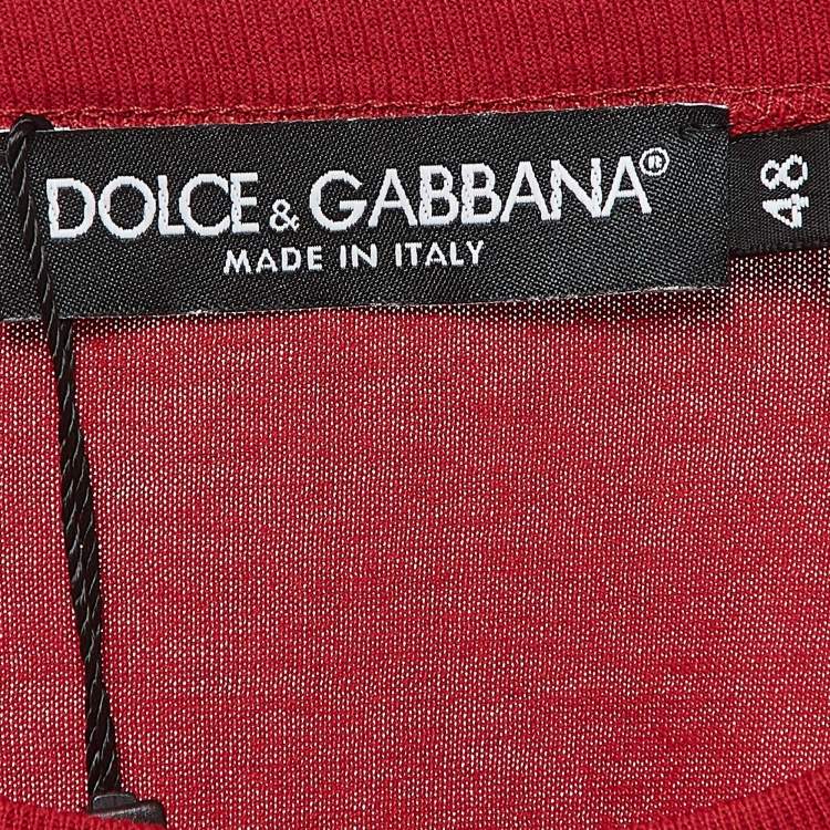 Pre Owned Dolce & Gabbana Red Cotton Logo Patch Round Neck T-Shirt M