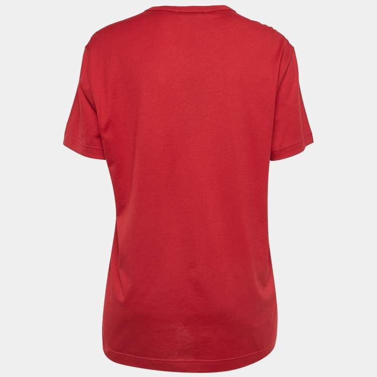 Pre Owned Dolce & Gabbana Red Cotton Logo Patch Round Neck T-Shirt M