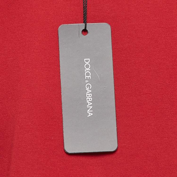 Pre Owned Dolce & Gabbana Red Cotton Logo Patch Round Neck T-Shirt M