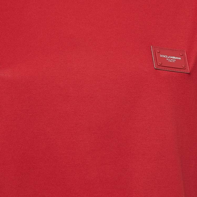 Pre Owned Dolce & Gabbana Red Cotton Logo Patch Round Neck T-Shirt M