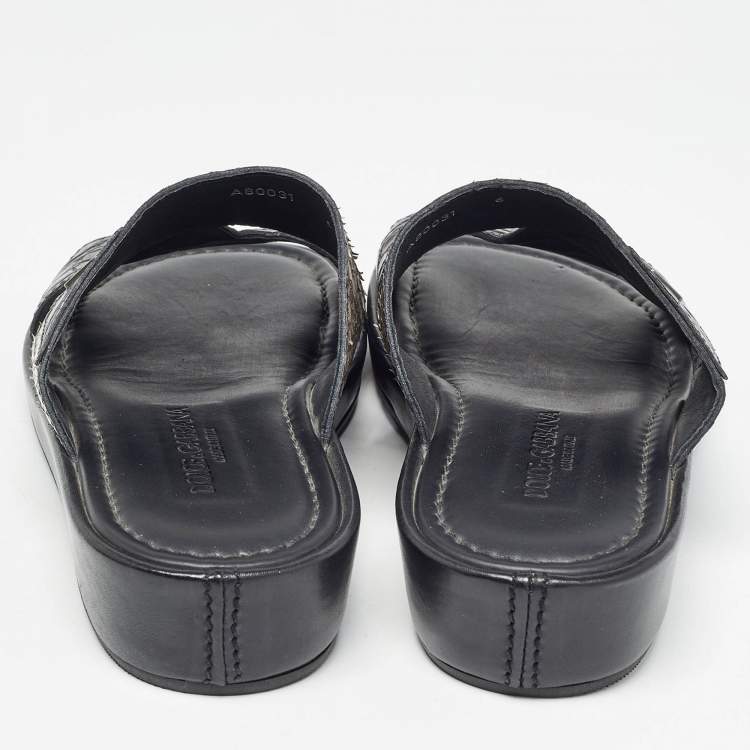 Pre Owned Dolce & Gabbana Black/Green Crocodile and Python Leather Criss Cross Flat Slides  Size 40