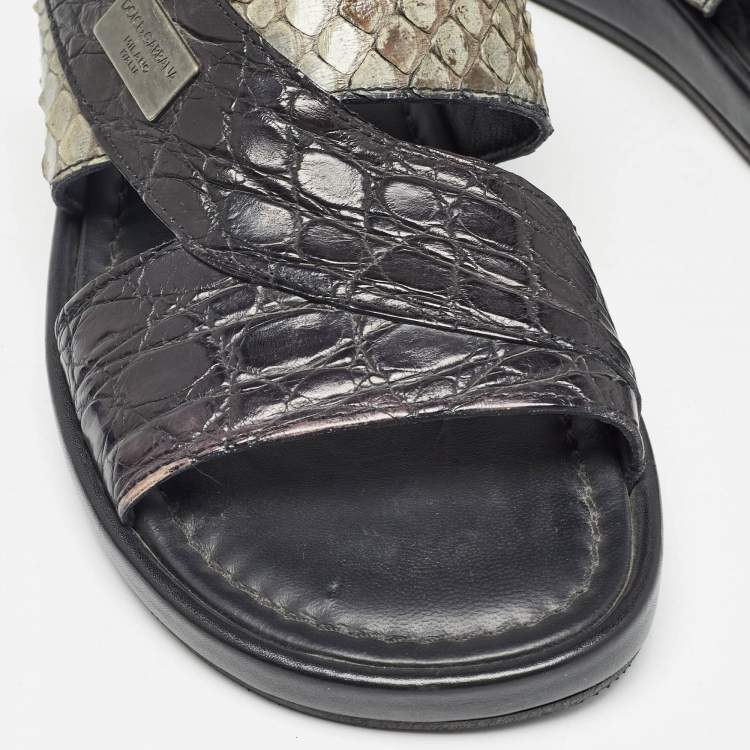 Pre Owned Dolce & Gabbana Black/Green Crocodile and Python Leather Criss Cross Flat Slides  Size 40