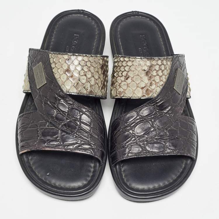 Pre Owned Dolce & Gabbana Black/Green Crocodile and Python Leather Criss Cross Flat Slides  Size 40