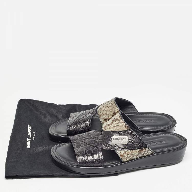 Pre Owned Dolce & Gabbana Black/Green Crocodile and Python Leather Criss Cross Flat Slides  Size 40