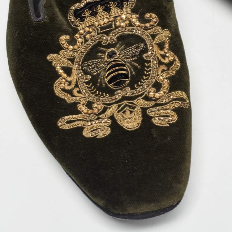 Pre Owned Dolce & Gabbana Green Velvet Embroidered Flat Mules Size 42