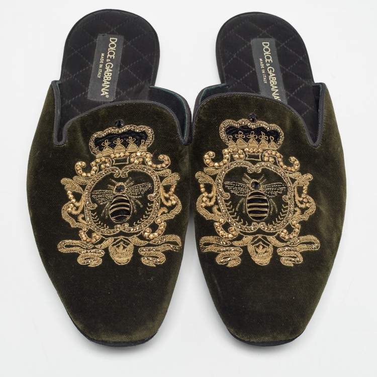Pre Owned Dolce & Gabbana Green Velvet Embroidered Flat Mules Size 42
