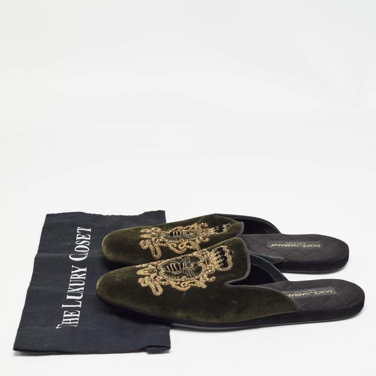 Pre Owned Dolce & Gabbana Green Velvet Embroidered Flat Mules Size 42