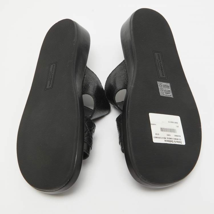 Pre Owned Dolce & Gabbana Black Crocodile and Lizard Leather Crisscross Flat Slide Size 41