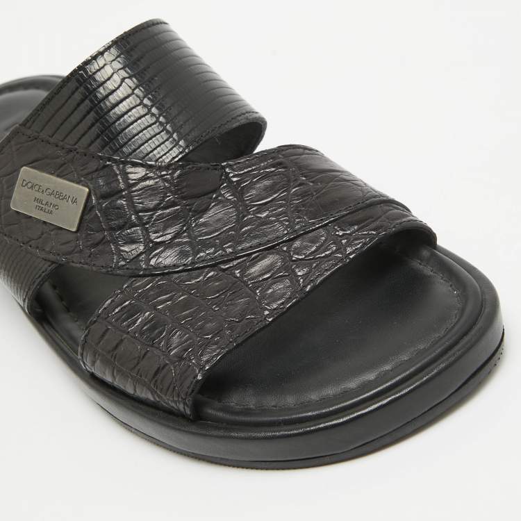Pre Owned Dolce & Gabbana Black Crocodile and Lizard Leather Crisscross Flat Slide Size 41