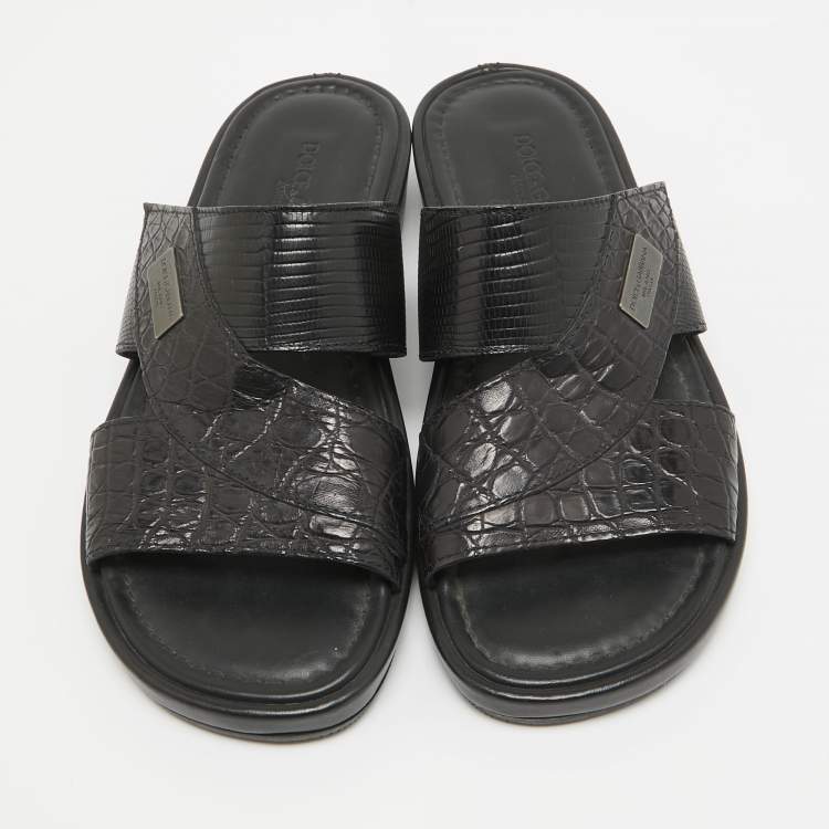 Pre Owned Dolce & Gabbana Black Crocodile and Lizard Leather Crisscross Flat Slide Size 41