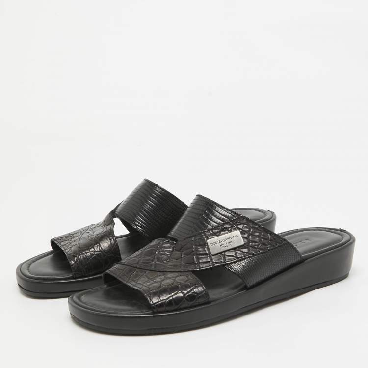 Pre Owned Dolce & Gabbana Black Crocodile and Lizard Leather Crisscross Flat Slide Size 41