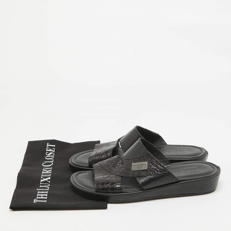 Pre Owned Dolce & Gabbana Black Crocodile and Lizard Leather Crisscross Flat Slide Size 41