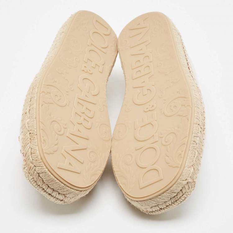 Pre Owned Dolce & Gabbana Beige Canvas Embroidered Slip On Espadrilles Size 40