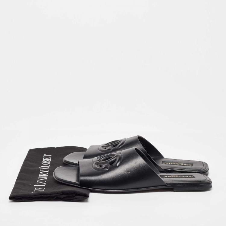 Pre Owned Dolce & Gabbana Black Leather Embossed Logo Slide Flat Sandals Size 45