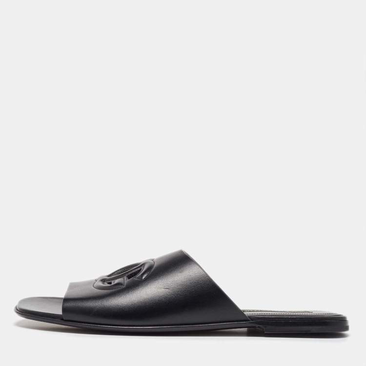 Pre Owned Dolce & Gabbana Black Leather Embossed Logo Slide Flat Sandals Size 45