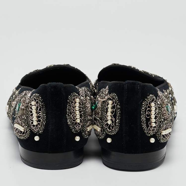 Pre Owned Dolce & Gabbana Black Velvet Embroidered and Embellished Smoking Slippers Size 42
