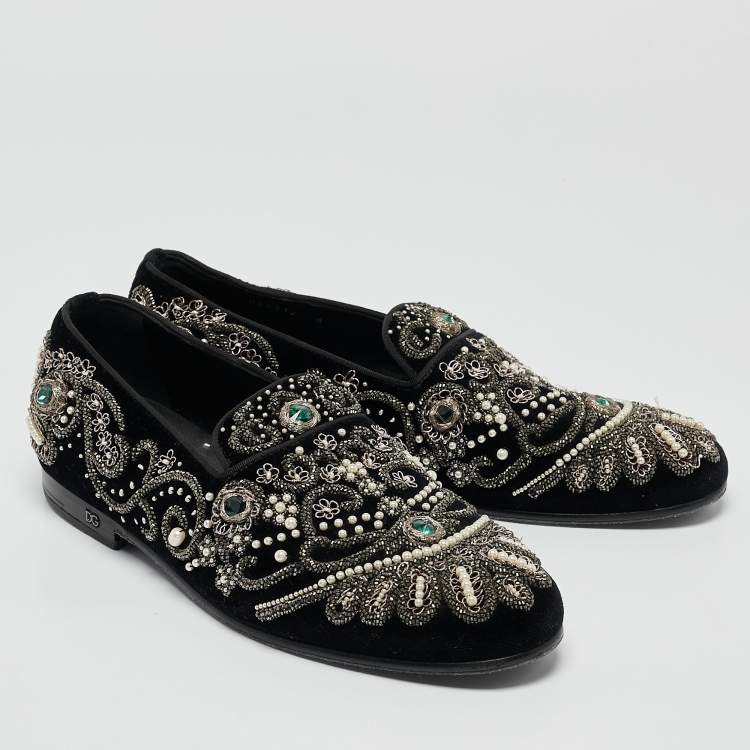 Pre Owned Dolce & Gabbana Black Velvet Embroidered and Embellished Smoking Slippers Size 42