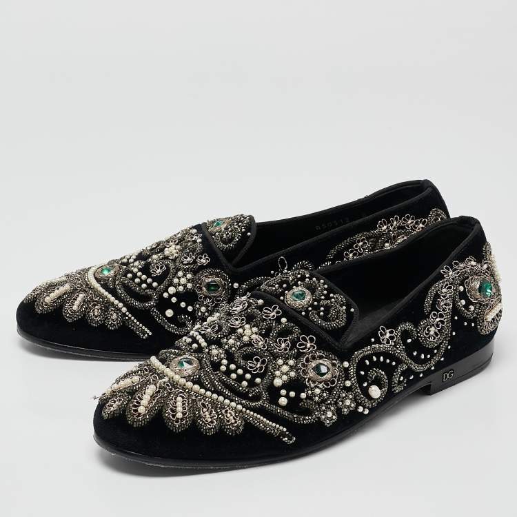 Pre Owned Dolce & Gabbana Black Velvet Embroidered and Embellished Smoking Slippers Size 42