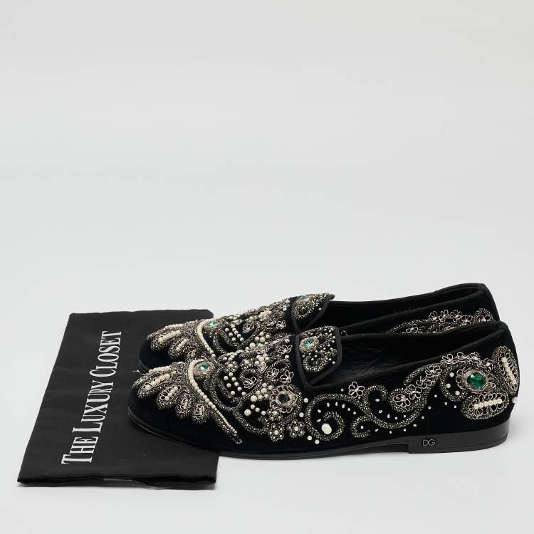 Pre Owned Dolce & Gabbana Black Velvet Embroidered and Embellished Smoking Slippers Size 42