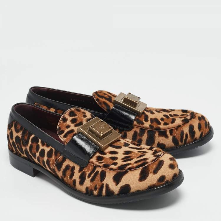 Pre Owned Dolce & Gabbana Beige/Black Leopard Print Calfhair and Leather Bernini Loafers Size 44