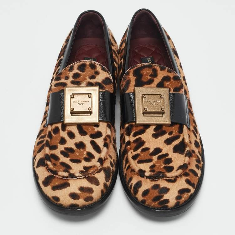 Pre Owned Dolce & Gabbana Beige/Black Leopard Print Calfhair and Leather Bernini Loafers Size 44