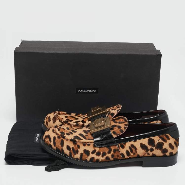 Pre Owned Dolce & Gabbana Beige/Black Leopard Print Calfhair and Leather Bernini Loafers Size 44