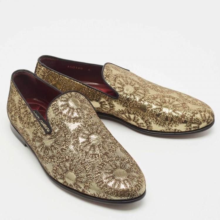 Pre Owned Dolce & Gabbana Gold Jacquard Slip On Loafers Size 40