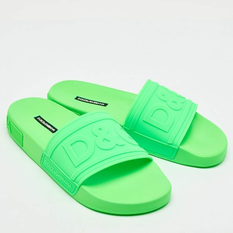 Pre Owned Dolce & Gabbana Green Rubber Logo Flat Slides Size 41