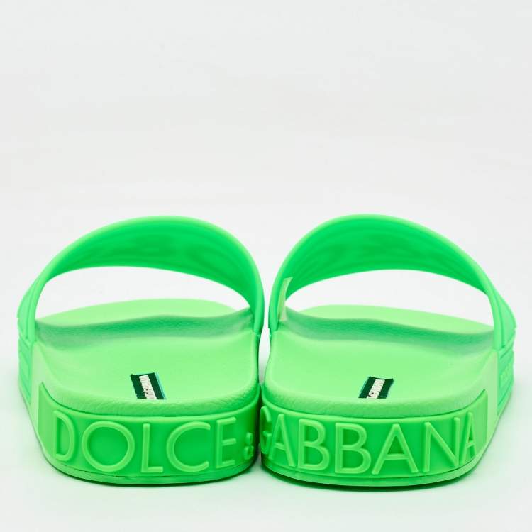 Pre Owned Dolce & Gabbana Green Rubber Logo Flat Slides Size 41