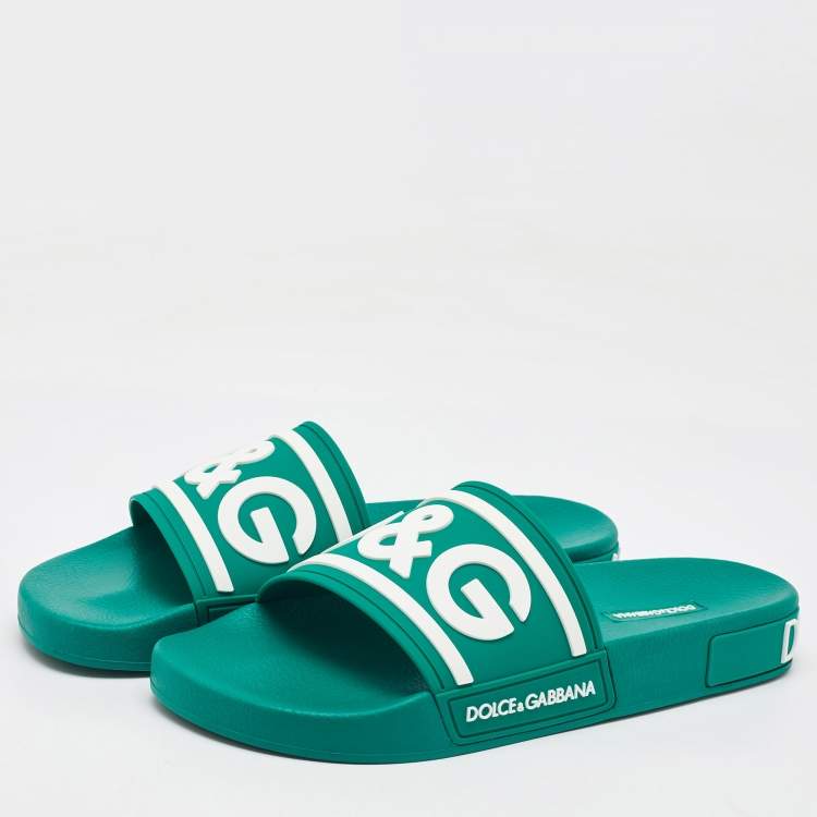 Pre Owned Dolce & Gabbana Dark Green Rubber Logo Flat Slides Size 41