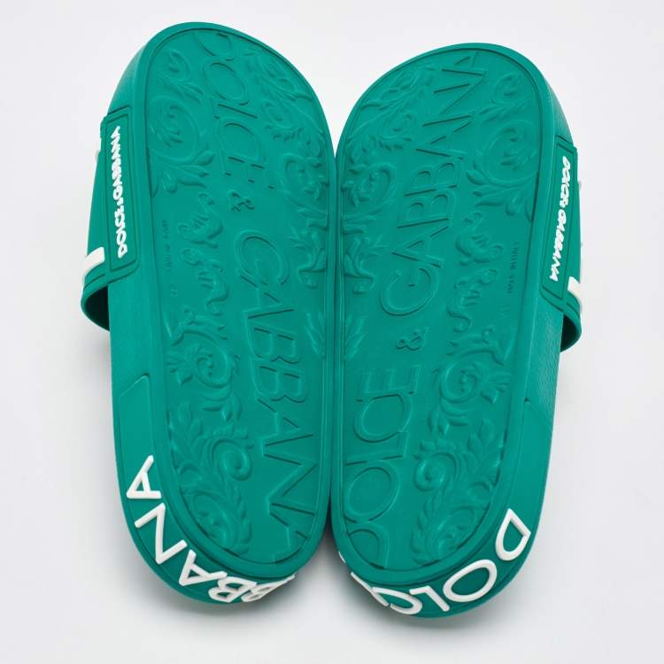 Pre Owned Dolce & Gabbana Dark Green Rubber Logo Flat Slides Size 41