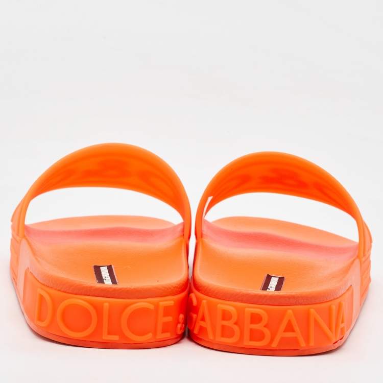Pre Owned Dolce & Gabbana Neon Orange Rubber Logo Flat Slides Size 41