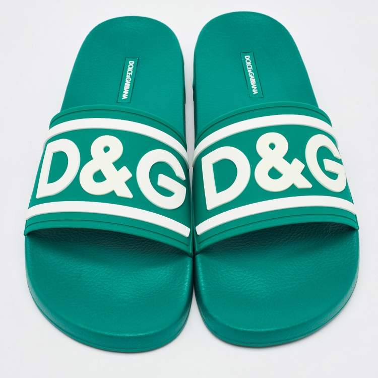 Pre Owned Dolce & Gabbana Dark Green Rubber Logo Flat Slides Size 44