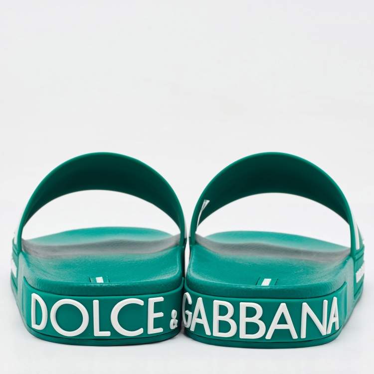 Pre Owned Dolce & Gabbana Dark Green Rubber Logo Flat Slides Size 44