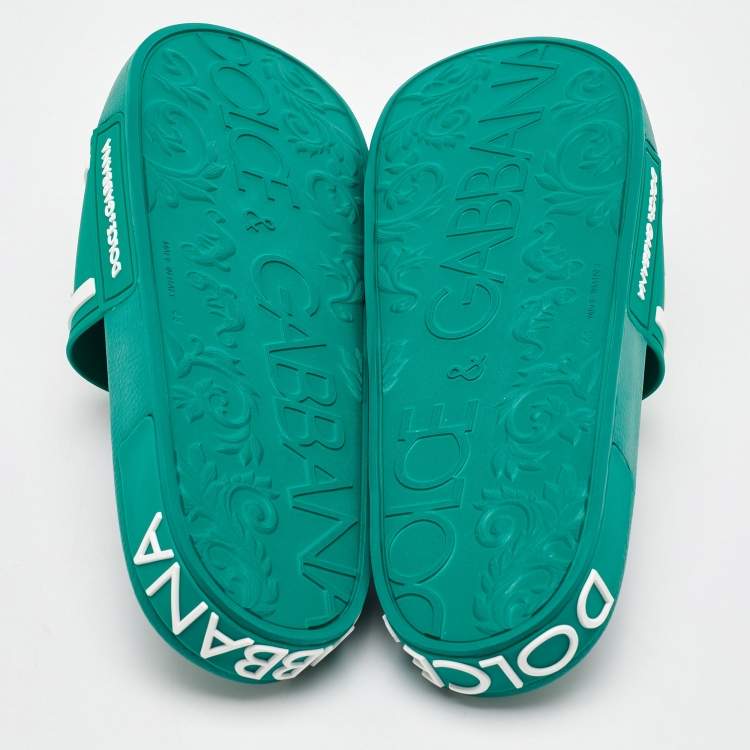 Pre Owned Dolce & Gabbana Dark Green Rubber Logo Flat Slides Size 44