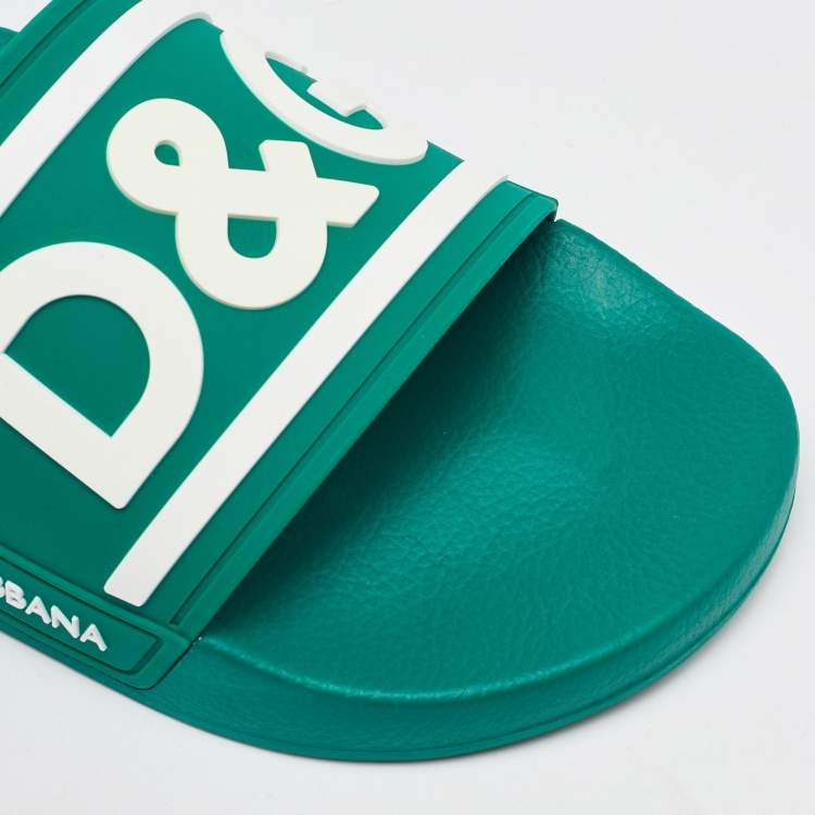 Pre Owned Dolce & Gabbana Dark Green Rubber Logo Flat Slides Size 44