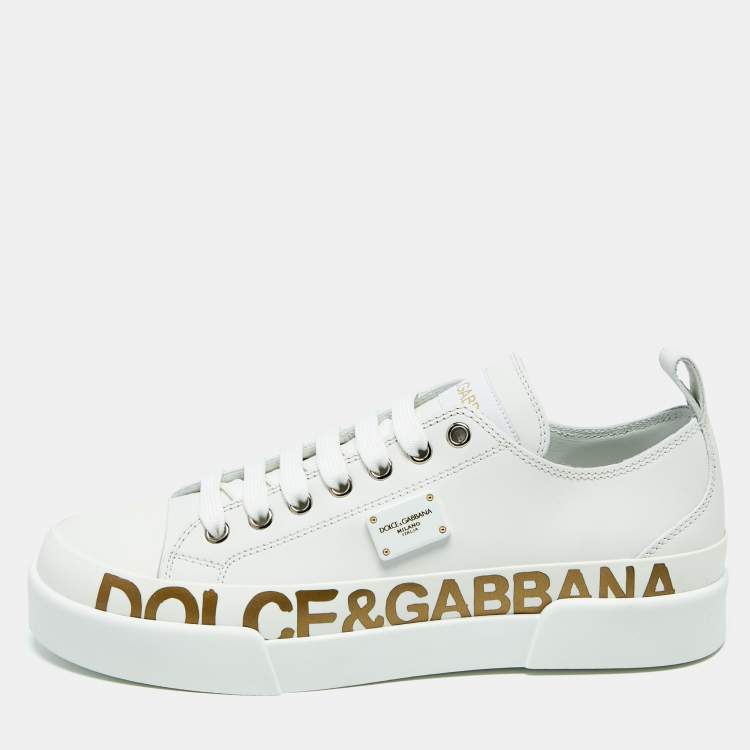 Pre Owned Dolce & Gabbana White/Gold Leather Portofino Low Top Sneakers Size 38