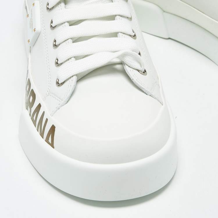 Pre Owned Dolce & Gabbana White/Gold Leather Portofino Low Top Sneakers Size 38