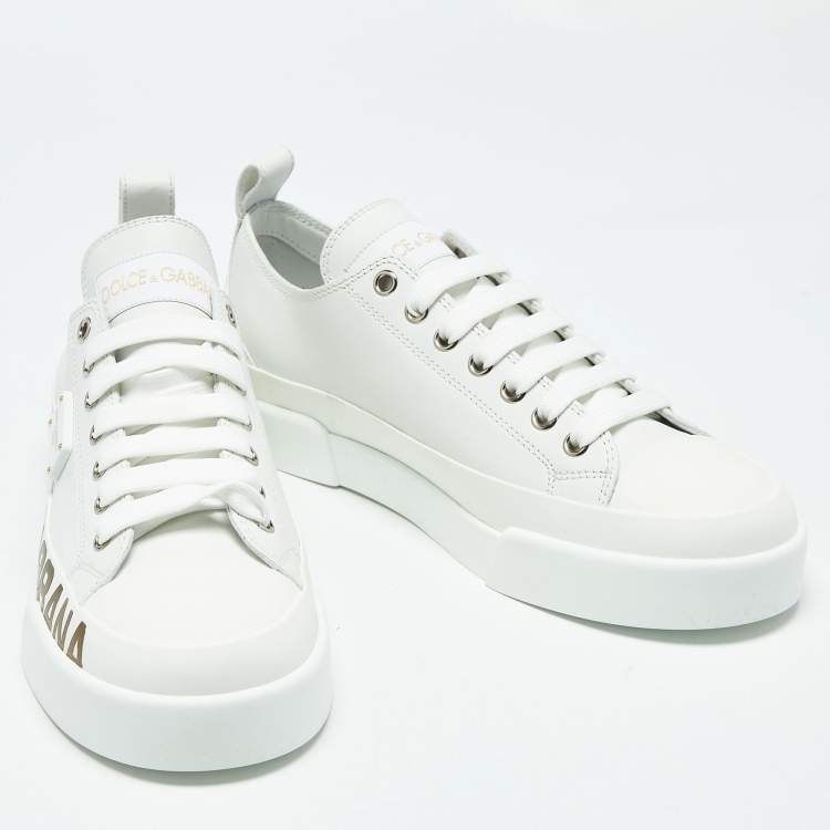 Pre Owned Dolce & Gabbana White/Gold Leather Portofino Low Top Sneakers Size 38
