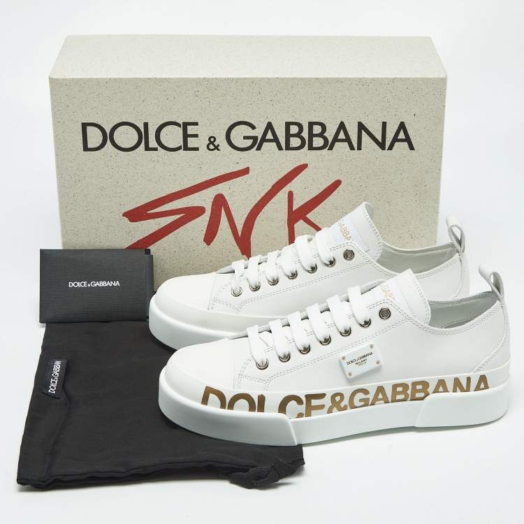 Pre Owned Dolce & Gabbana White/Gold Leather Portofino Low Top Sneakers Size 38