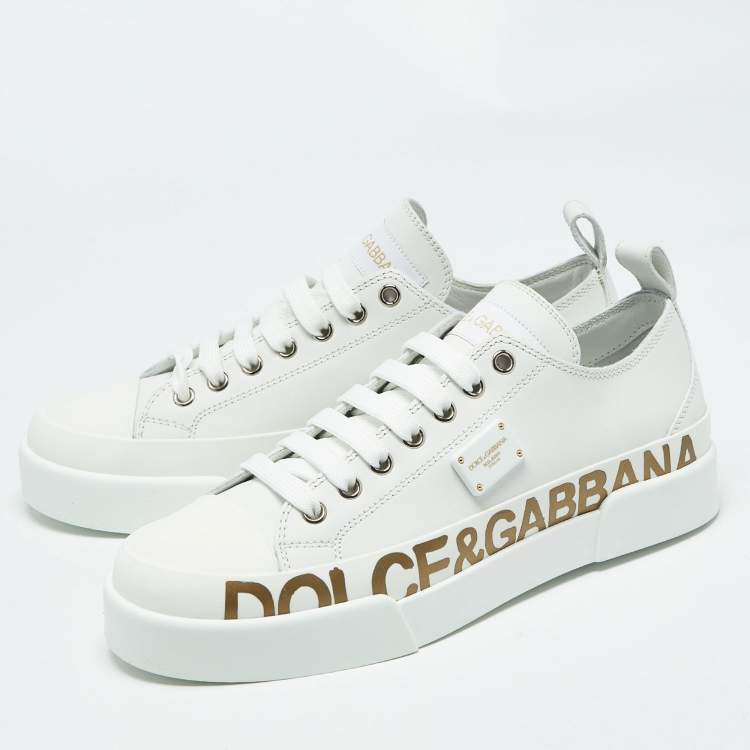 Pre Owned Dolce & Gabbana White/Gold Leather Portofino Low Top Sneakers Size 38