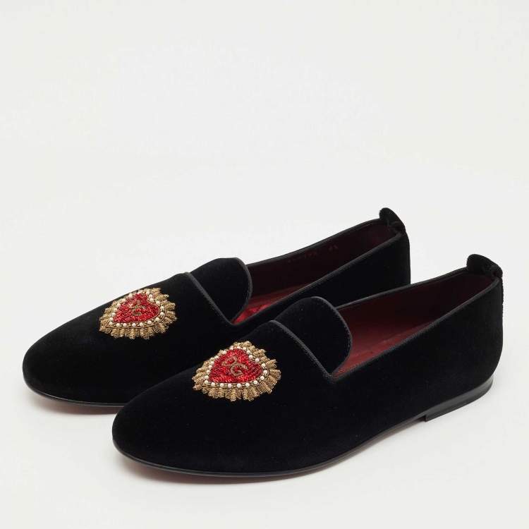 Pre Owned Dolce & Gabbana Black Velvet DG Secret Heart Loafers Size 42.5