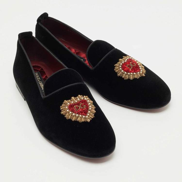 Pre Owned Dolce & Gabbana Black Velvet DG Secret Heart Loafers Size 42.5