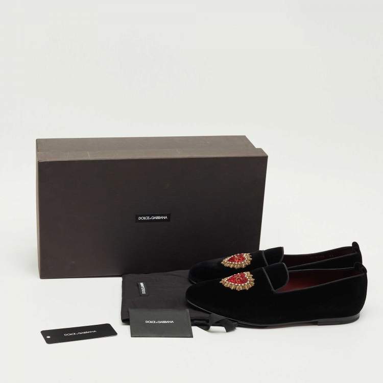 Pre Owned Dolce & Gabbana Black Velvet DG Secret Heart Loafers Size 42.5
