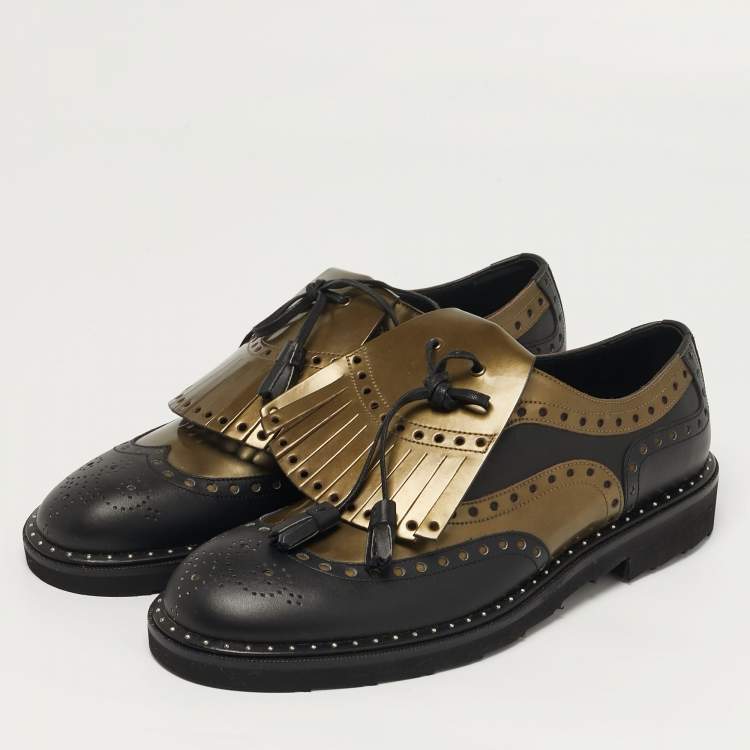 Pre Owned Dolce & Gabbana Size 41 Green/Black Patent and Leather Fringe Brogues