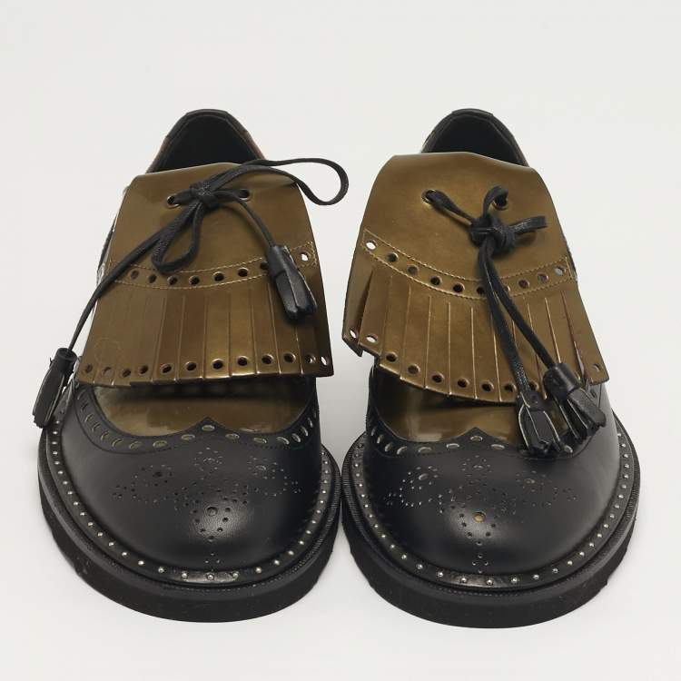 Pre Owned Dolce & Gabbana Size 41 Green/Black Patent and Leather Fringe Brogues