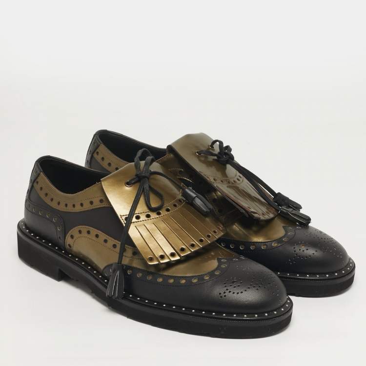 Pre Owned Dolce & Gabbana Size 41 Green/Black Patent and Leather Fringe Brogues